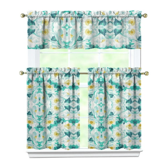 Romantic Kitchen Curtains Set Tier and Valance, Vintage Botanical Small Floral Retro Print, Tropical Boho Bloom Pattern with Watercolor Artistic Design for Kitchen or Dining Room