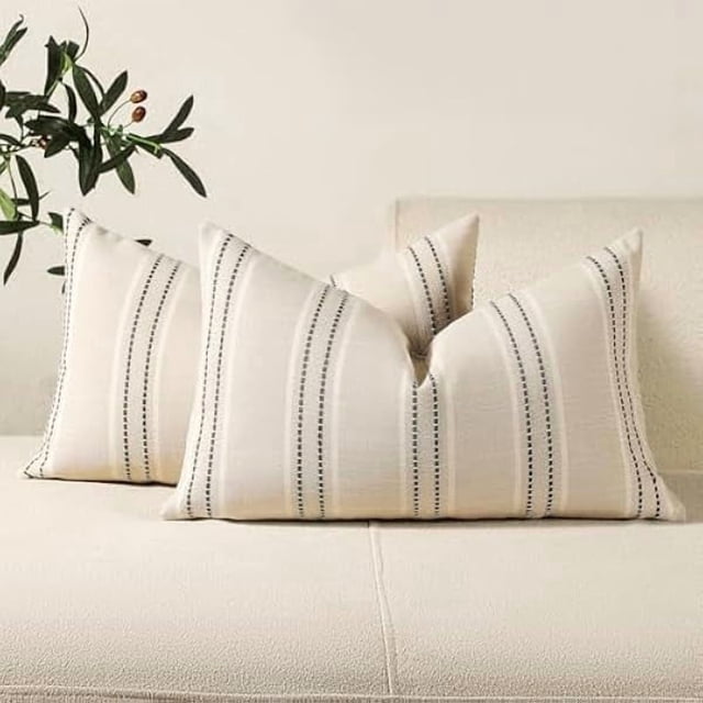 Chenchen Hand Made Throw Pillow Covers 12x20 Set of 2 Striped Pillow Covers Textured Linen Decorative Pillows Lumbar Cushion Covers for Sofa Couch Bed Living Room Farmhouse Decor, Grey