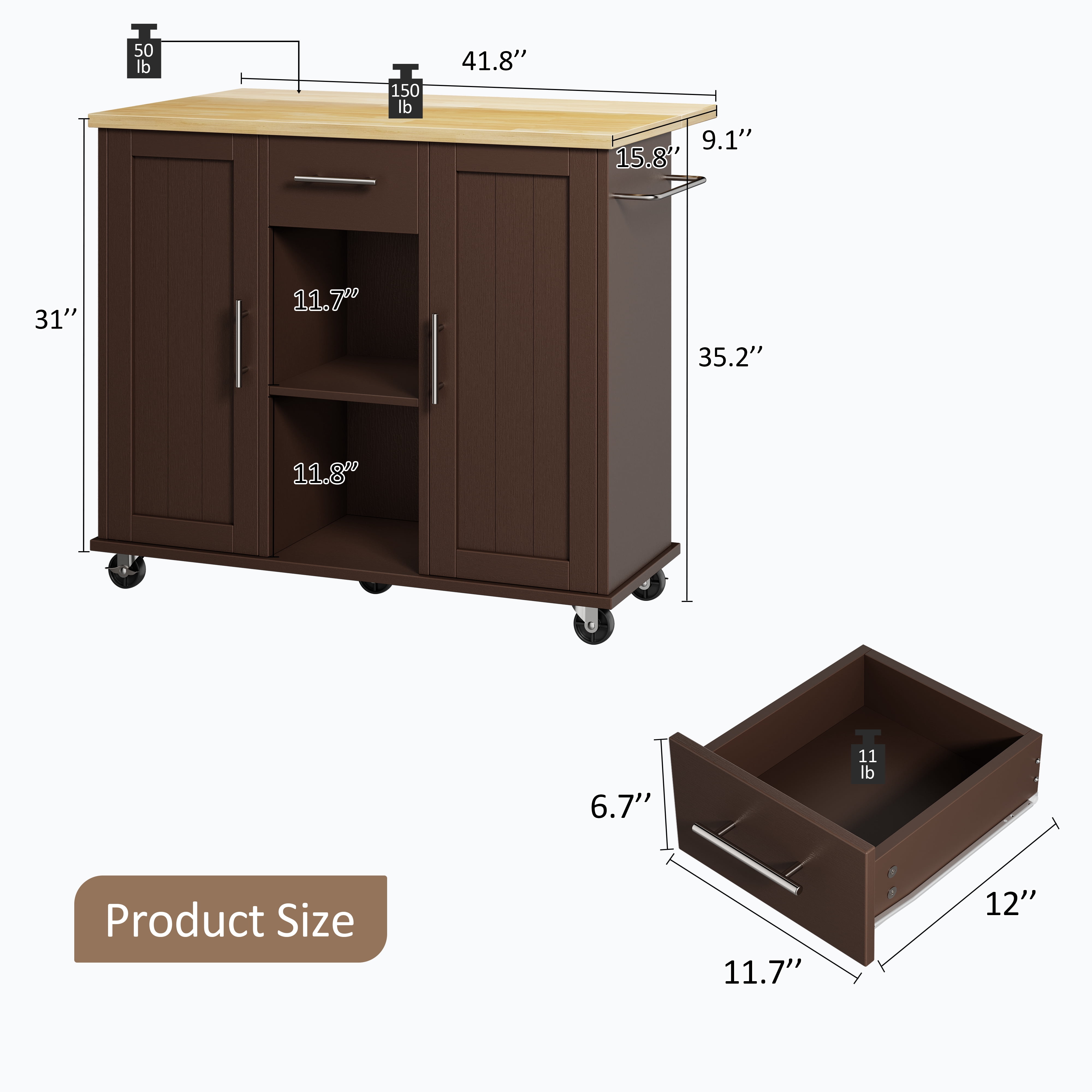 Walsunny Kitchen Islands Carts with Drop Leaf Table 1 Drawer 5 Wheels 2 Magnetic Doors Rolling Storage Cabinet Brown