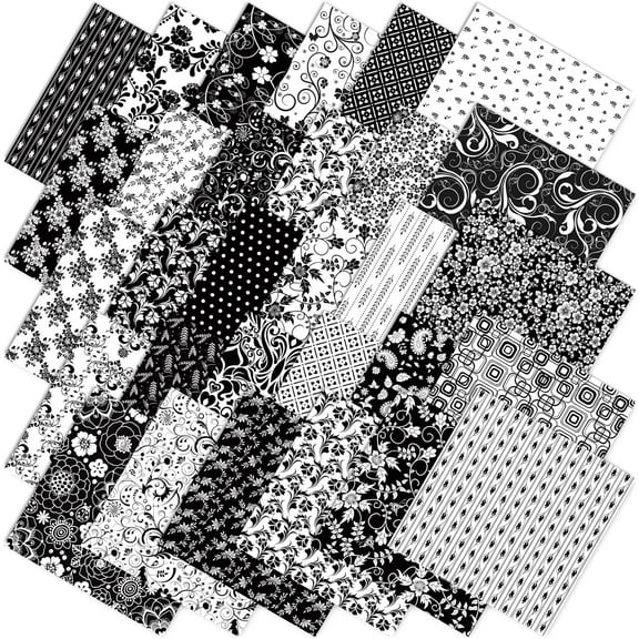 60Pcs Flower Cotton Fabric Bundles Black White Floral Fat Quarters Flower Leaves Sewing Fabrics for DIY Handmade Crafting, 10 x 10 Inch