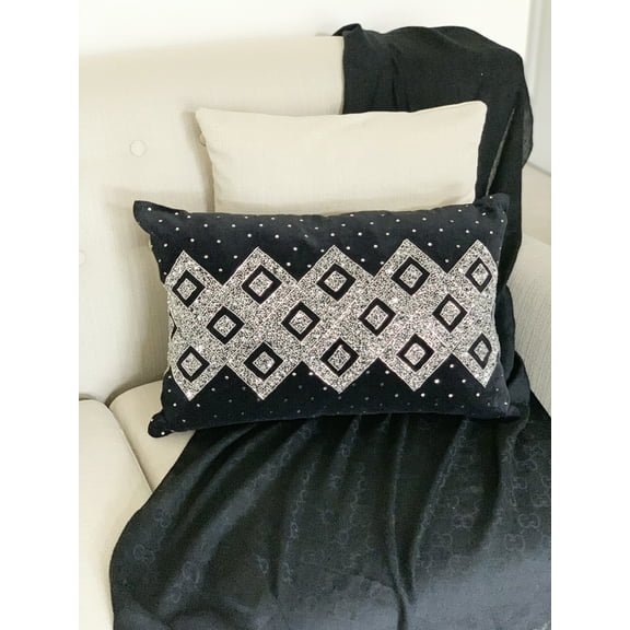 Naya Rectangle Black Silver Velvet Decorative Throw Pillow - 16" x 24"