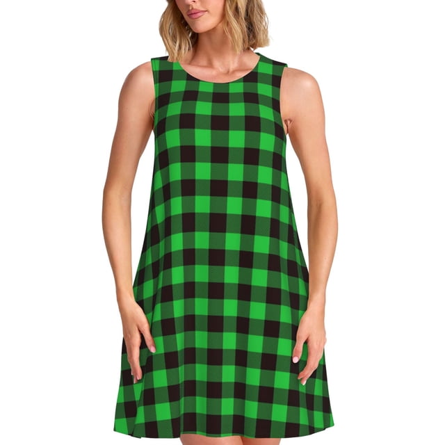 Fotbe Buffalo Plaid Green Black Vestido de Verano sin Mangas para Mujer – Vestido Midi Línea A, Estilo Camiseta Floral, Vestido Playero Casual y Fluido
