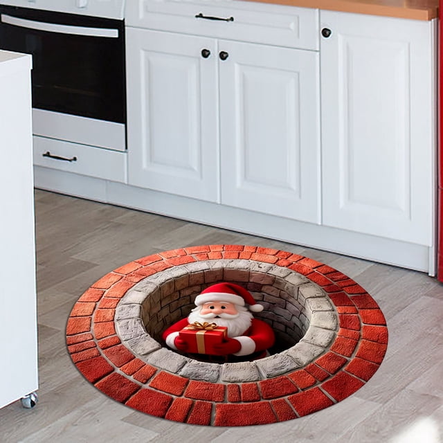 3D Christmas Rug Circular 16 Inch Optical Illusion Carpet Non-Slip Holiday Decor Mat for Home