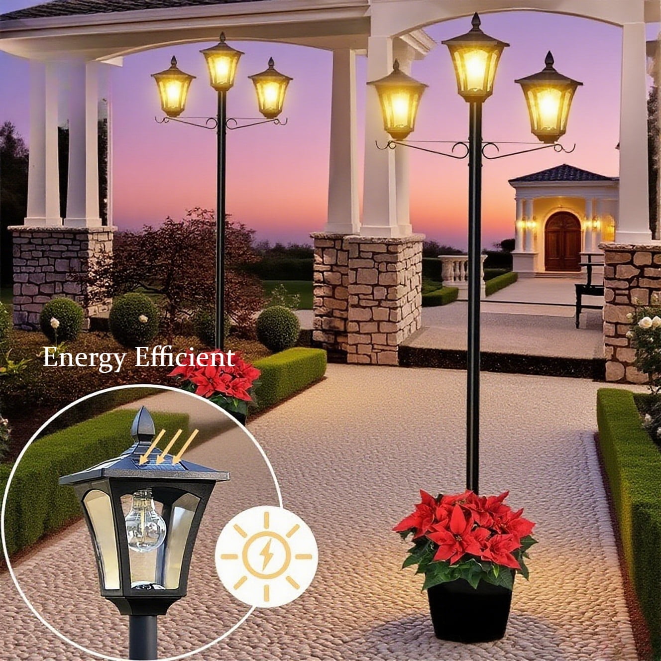 3-Head Solar Lights Outdoor Waterproof, Solar Lamp Post Light with Planter, 2 in 1 Outdoor Flower Pots for Garden, Yard