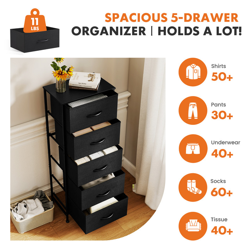 Gianna 5 Drawer Dresser with Fabric Bins, Sturdy Steel Frame and Wood Top, Storage Organizer Chest for Bedroom, Closet, Hallway, Black