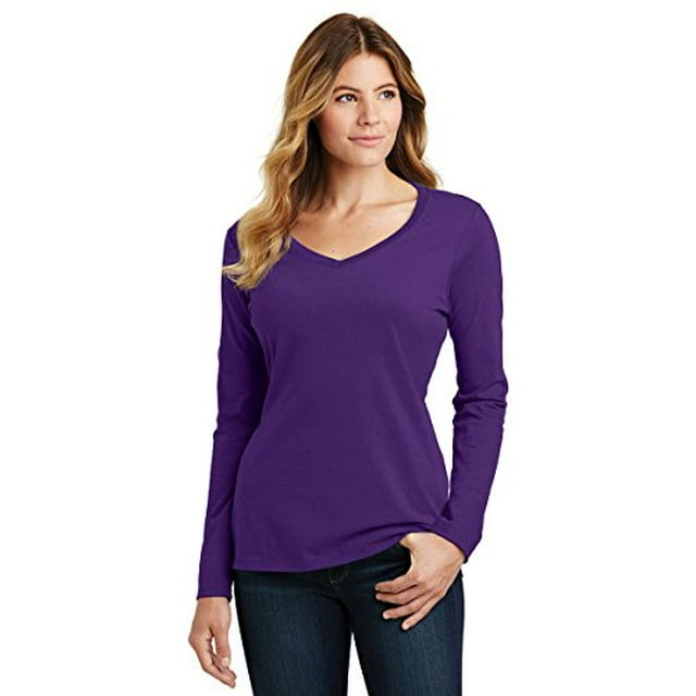 Port 1135971 Ladies Long Sleeve Fan Favorite V-Neck Tee, Team Purple - Extra Small