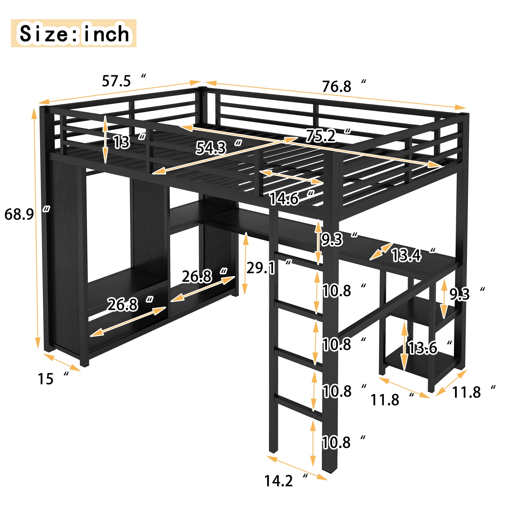 Leumius Full Size Metal Loft Bed with Built-in Wardrobe,Heavy Duty Loft Bed Frame with Desk and Storage Shelves,Space-Saving,Black