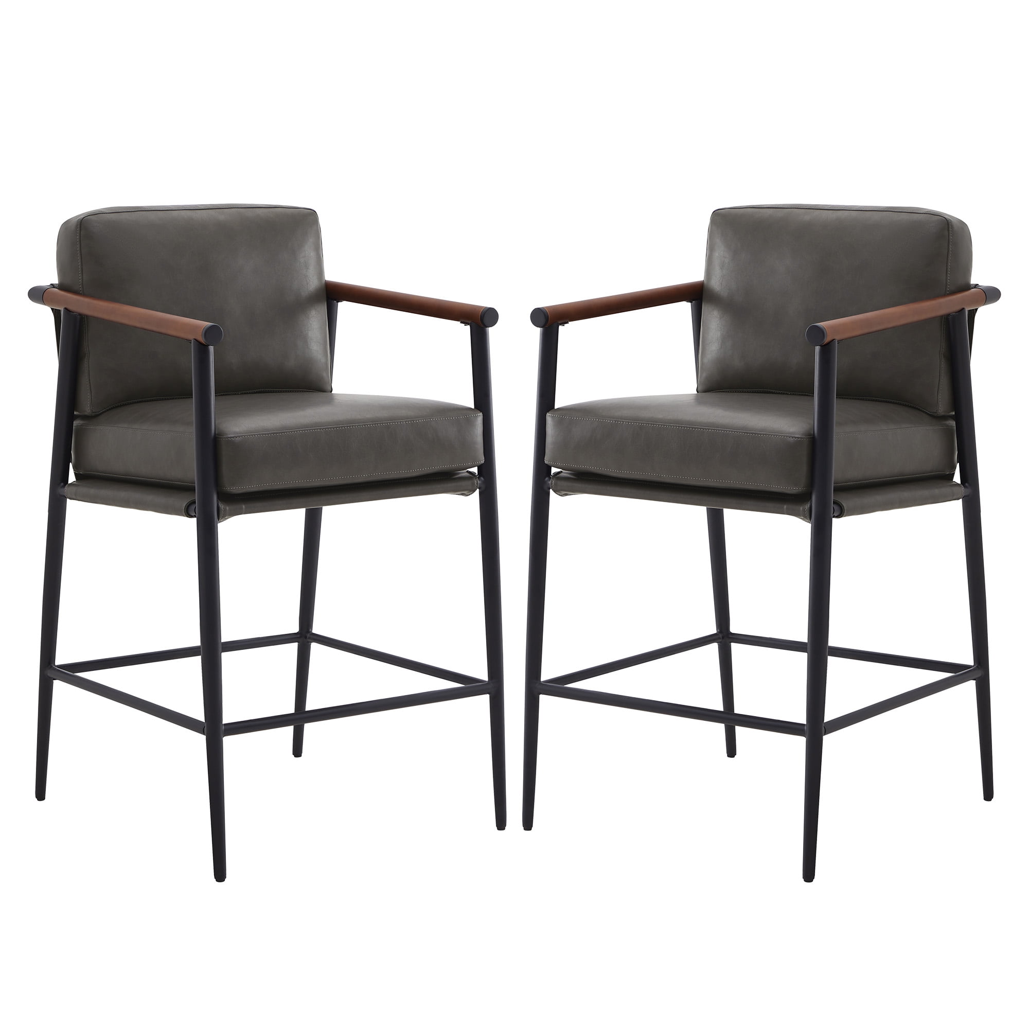 Spruce & Spring Mid-Century Modern Counter Stool Set with Wood Armrests and Cushioned Sling Seat Set of 2, Retro Grey Faux Leather