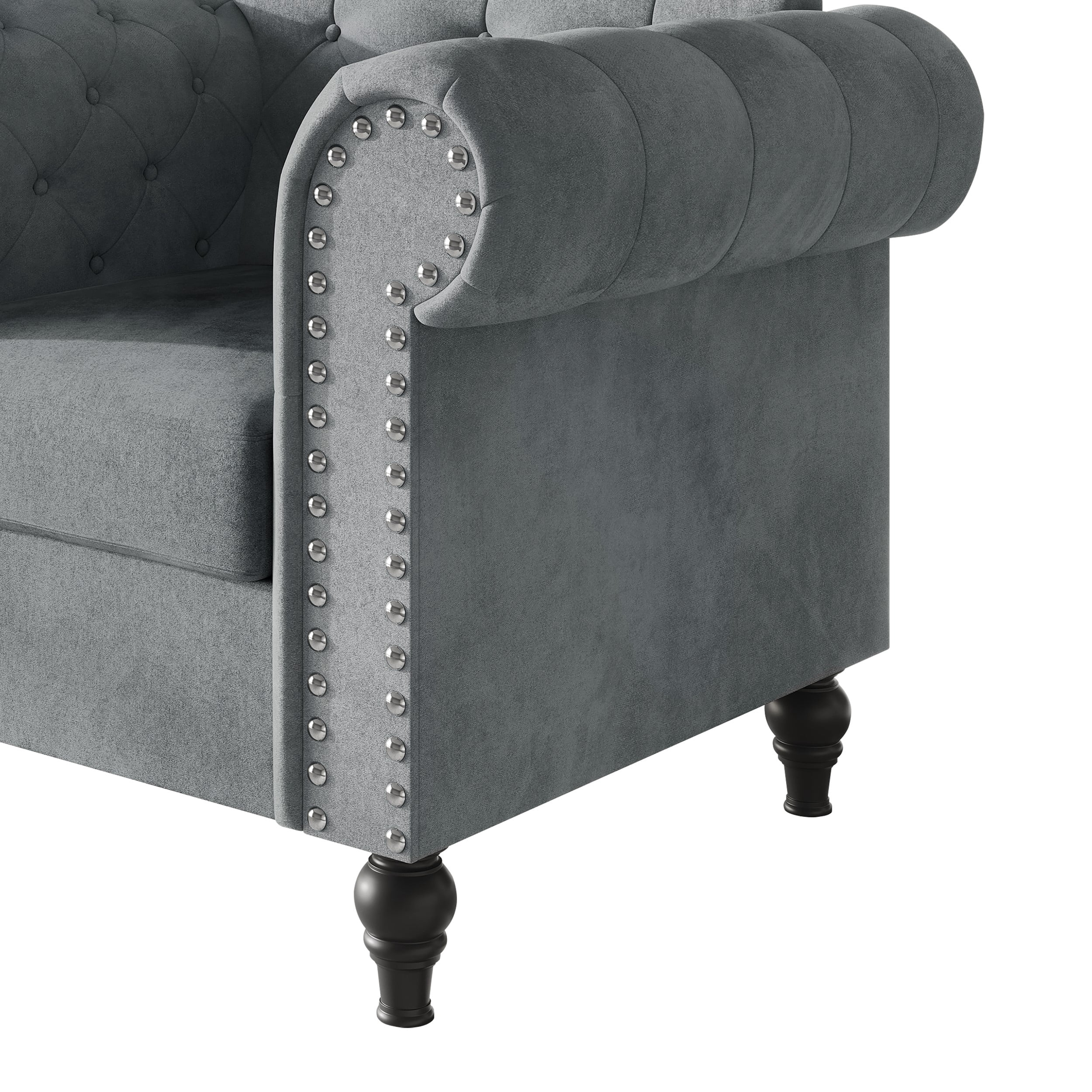 Home Design Kelso Velvet Rolled Arm Chair with Deep Button Tufting, Nailhead Trim and Turned Legs, Gray