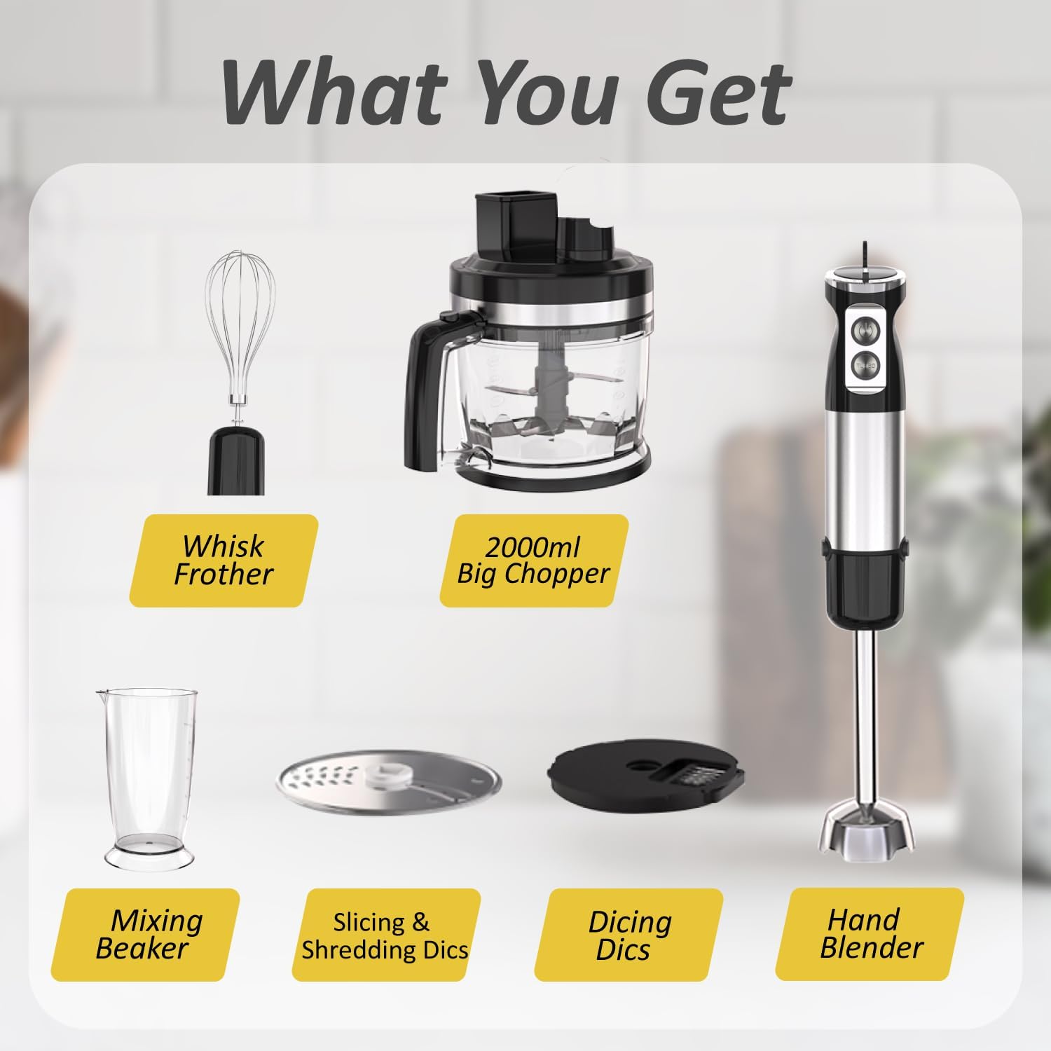 Food Processor & Immersion Hand Blender, 2L Vegetable Chopper with Disk for Shredding Slicing Doughing Emulsifying Meat Grinder Mixer for Kitchen