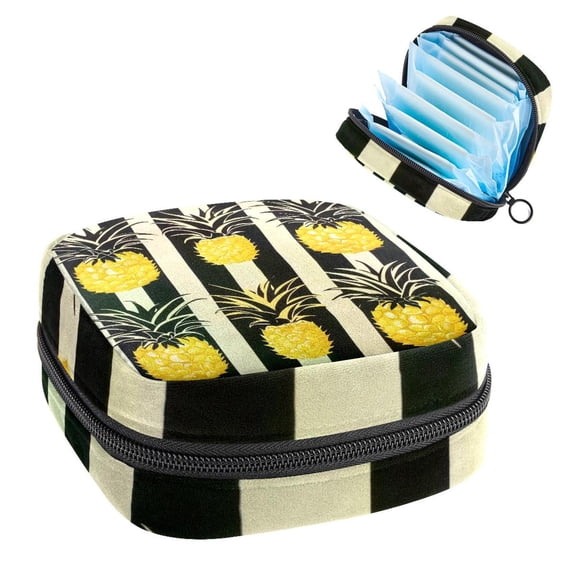 Sanitary Napkin Storage Bag for Girls Women, Portable First Period Pads Bag Tampons Holder Girls Travel Makeup Bag, Large Capacity Vintage Striped Pineapple Pattern