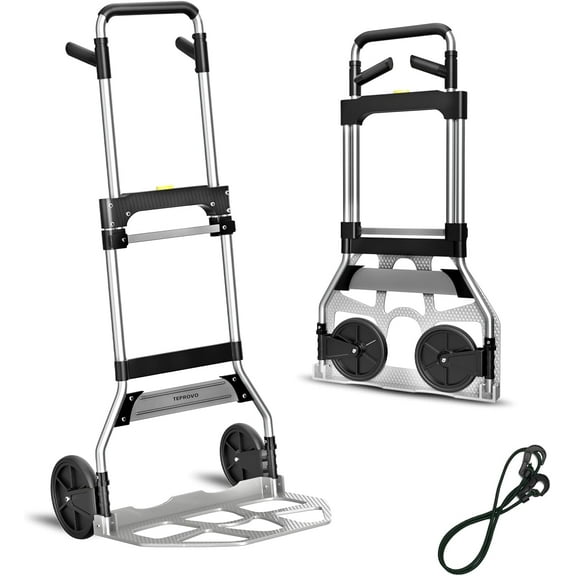 Folding Hand Truck Dolly Cart, Portable Aluminum Dolly Cart with Telescoping Handle and Rubber Wheels for Moving, Shopping, Travel, Office Use