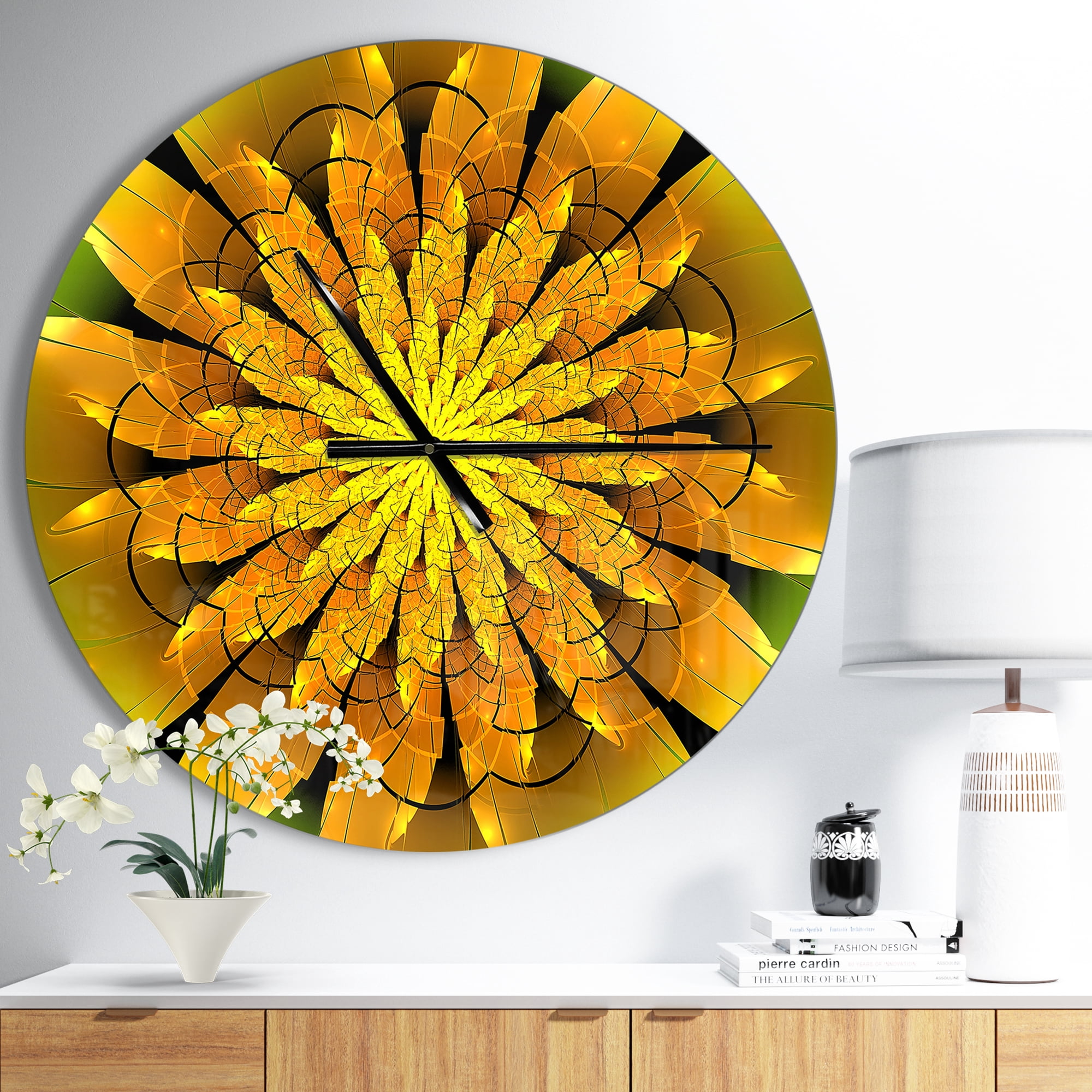 Designart 'Bright Yellow Fractal Flower on Green ' Modern wall clock