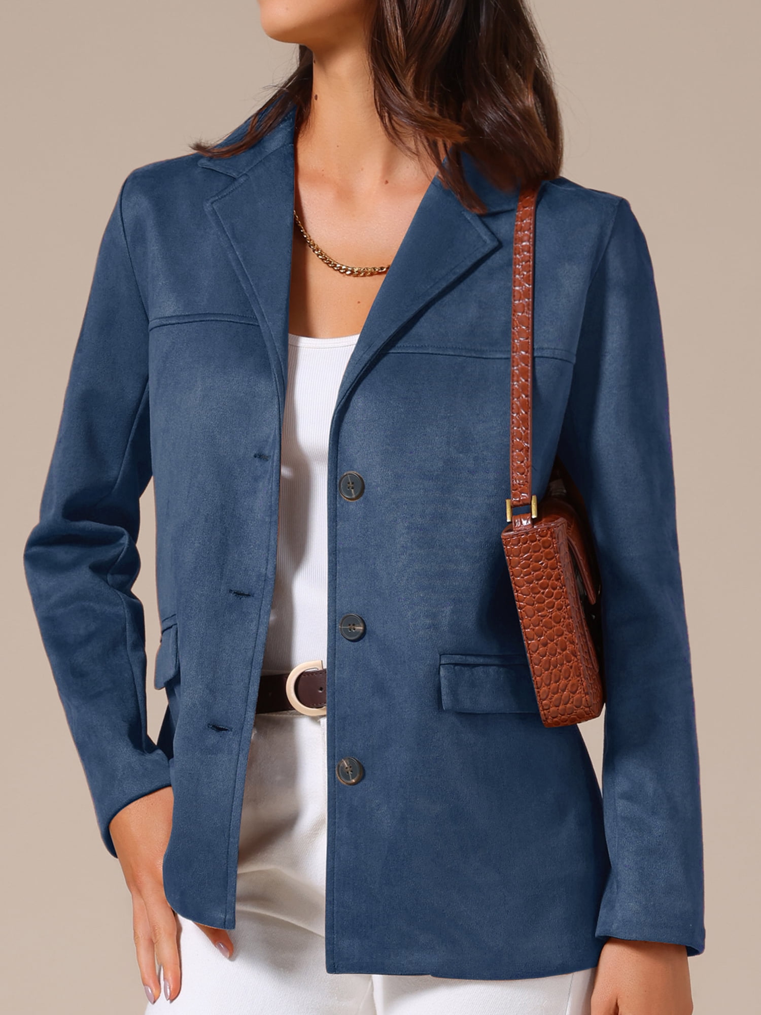 DARING DIVA Women's Faux Suede Lapel Open Front Long Sleeve Blazer Jacket 2XL Deep Blue