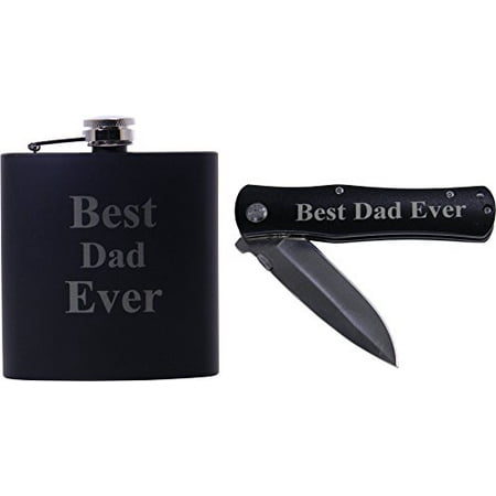 Best Dad Ever 6oz Black Flask And Folding Pocket Knife Bundle - Great Gift for Father's Day, Birthday, or Christmas Gift for Dad, Grandpa, Grandfather, Papa,