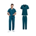 thumbnail image 5 of Men's Two Piece Medical Scrub Uniforms Stretch Anti-Wrinkle V-Neck Top Yoga Elastic Waist Multi Pocket Jogger Scrub Pants Blue S, 5 of 5