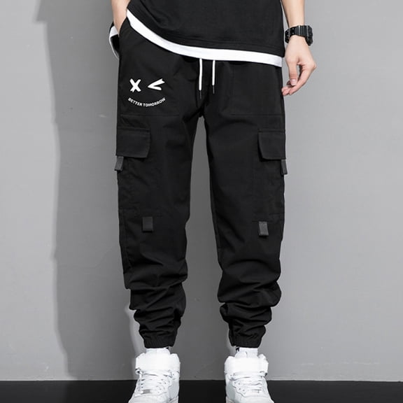 Muscularfit Cargo Casual Pants for Men Outdoor Drawstring Joggers Sports Pants Mens Pants Low Rise Taper Black Active Fit Size L
