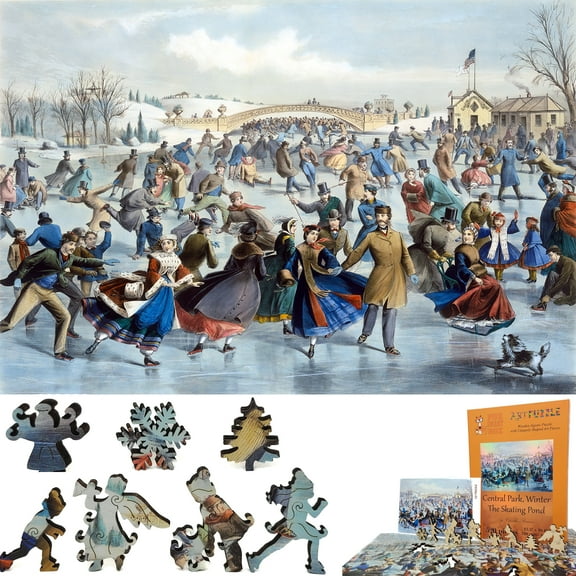 Wooden Jigsaw Puzzles for Adults - Uniquely Shaped Pieces - made in the USA by FoxSmartBox - 520 Pieces - Central Park, Winter – The Skating Pond