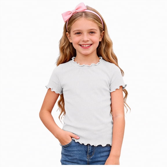 UngA Girls Ruffle Trim Shirts Kids Short Sleeve Ruffle Crew T Shirts Toddler Fashion Casual Workout Solid Pullover Tops (White,7-8 Years)