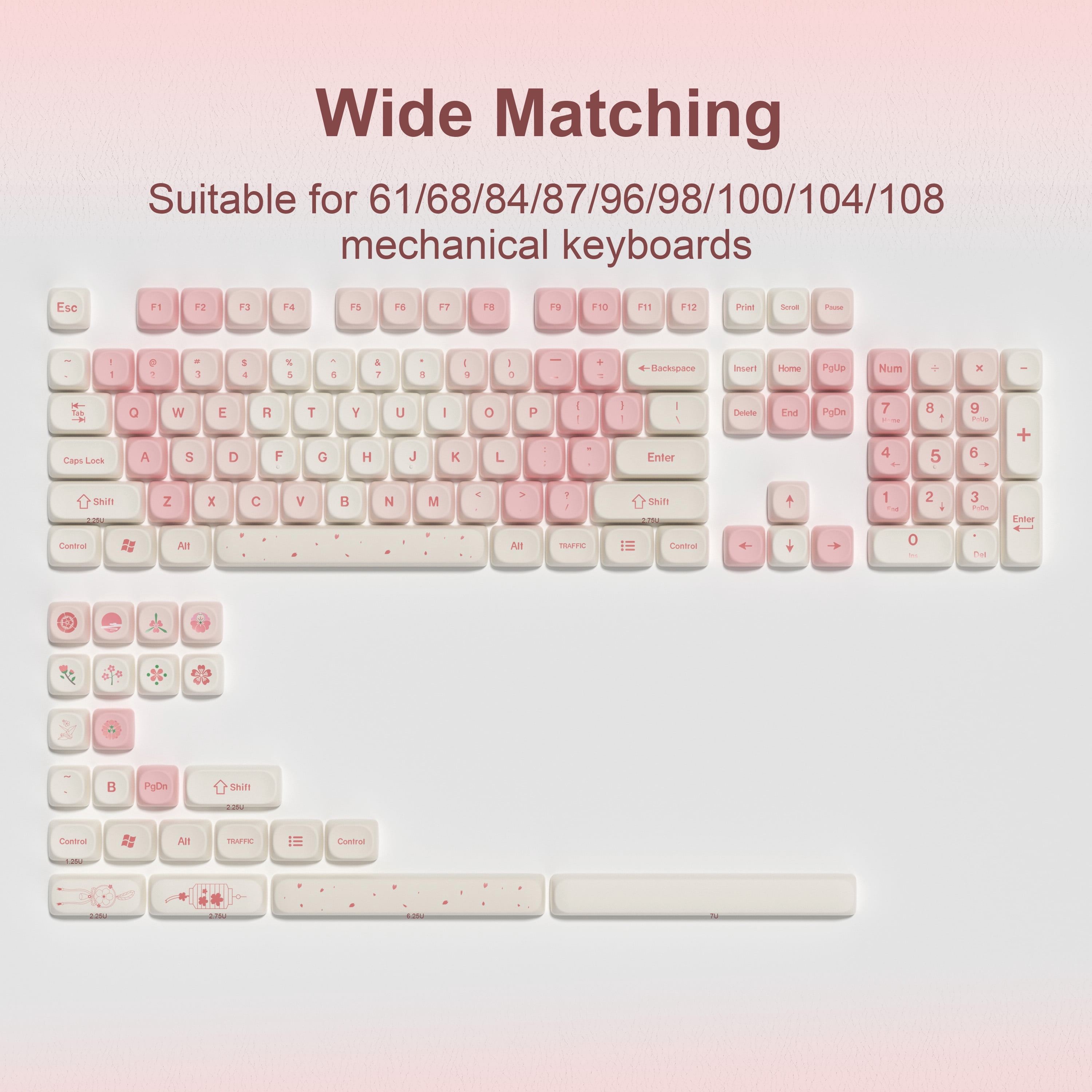 COSTOM Cute Pink Sakura Custom Keycaps, 133 Keys Dye-Sublimation PBT Keycaps, MOA Profile Key caps Set for 61/68/84/87/98/100/104 Cherry MX Mechanical Keyboard