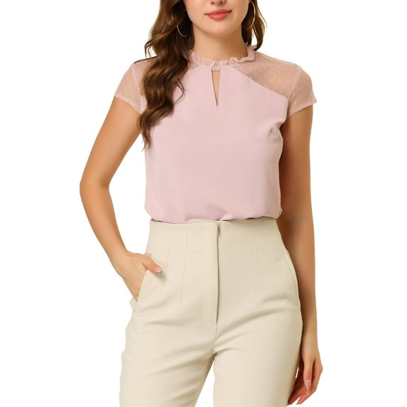 Allegra K Women's Ruffle Neck Mesh Panel Keyhole Back Cap Sleeve Blouse