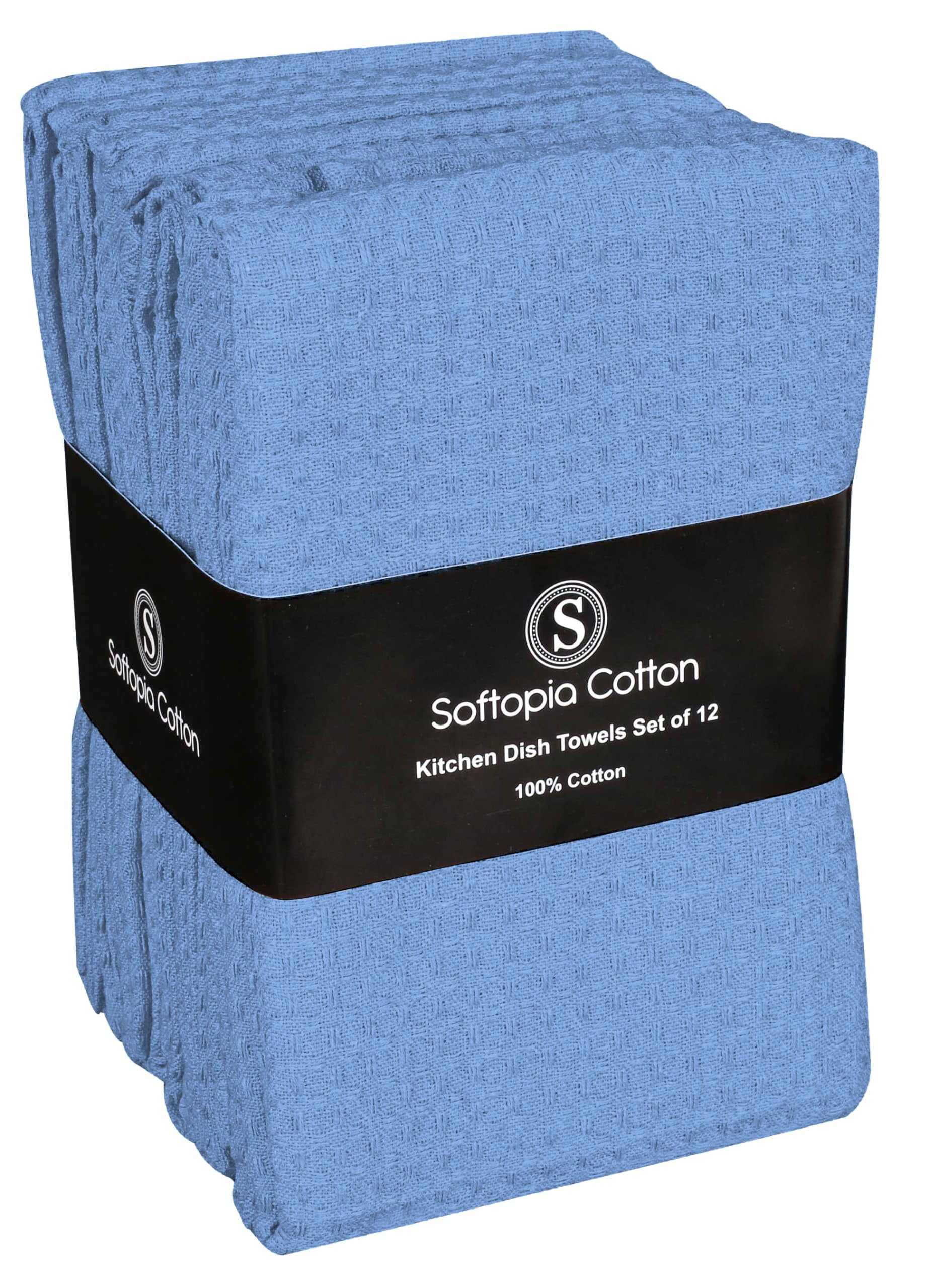 Softopia Cotton Sky Blue Kitchen Dish Towels Set of 12-100% Cotton Waffle Weave, Super Absorbent, Soft, Quick Drying, 16x26 Inches, Ideal for Cleaning, Bar, Tea, and Everyday Use, Light Blue
