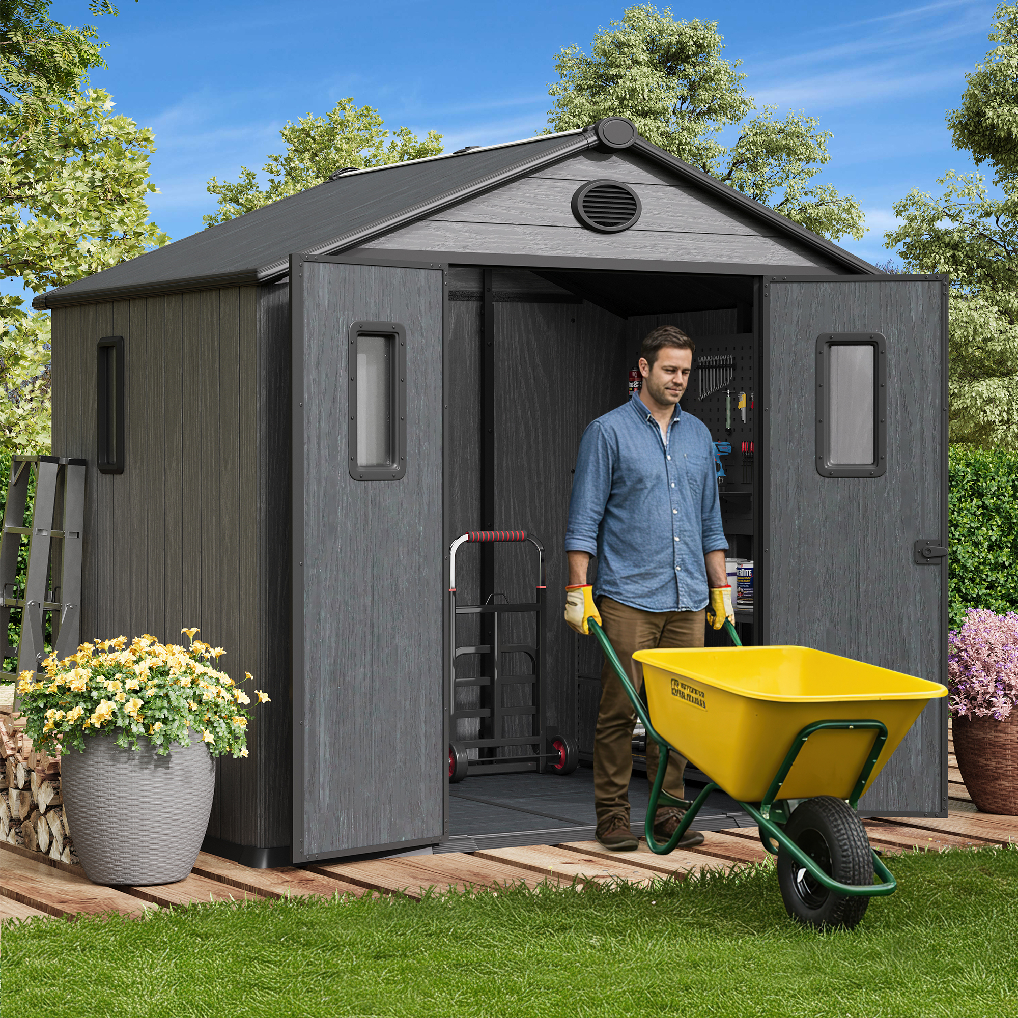 Bezseller 8*6 Outdoor Storage Tool Shed with Door and Floor, 16mm Thick Panel Plastic Outdoor Storage Shed with Steel Frame, Gray