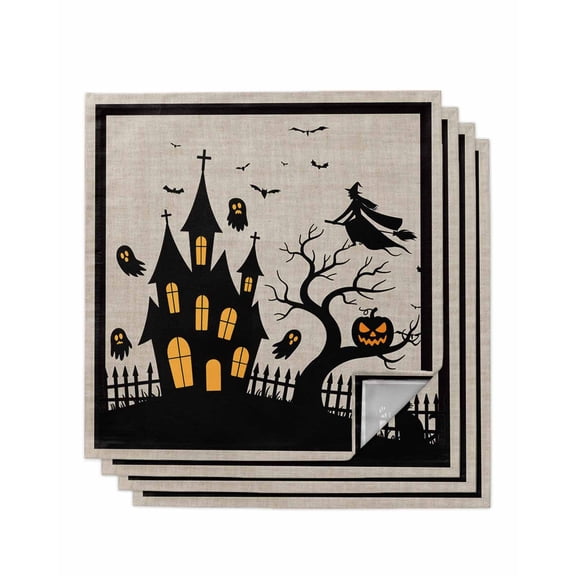 Halloween Cloth Napkins Set of 4 Reusable Dinner Napkins, Black Pumpkin Ghost Castle Witch Cocktail Napkin Washable Table Napkins for Wedding/Holiday Party/Baby Shower 20"x20"