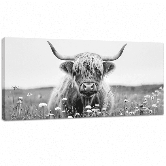 Highland Cow Extra Wall Art for Living Room Black and White Canvas Western Scottish Cow Framed Prints Cattle Pictures Painting Artwork Office Decor 24x16 inch