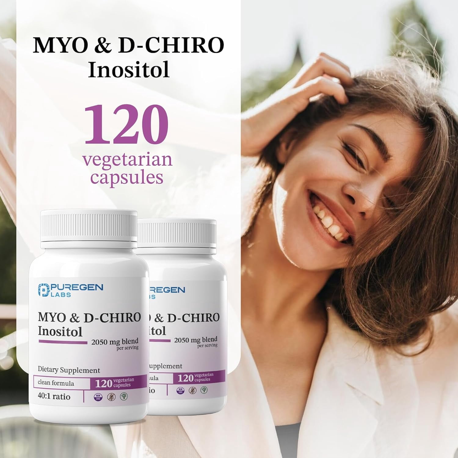 Puregen Labs Inositol Supplement | Myo Inositol & D-Chiro Inositol 2050mg - 120 Veggie Caps | No Harmful Additives | Non-GMO, NO Gluten and Dairy – 2PK