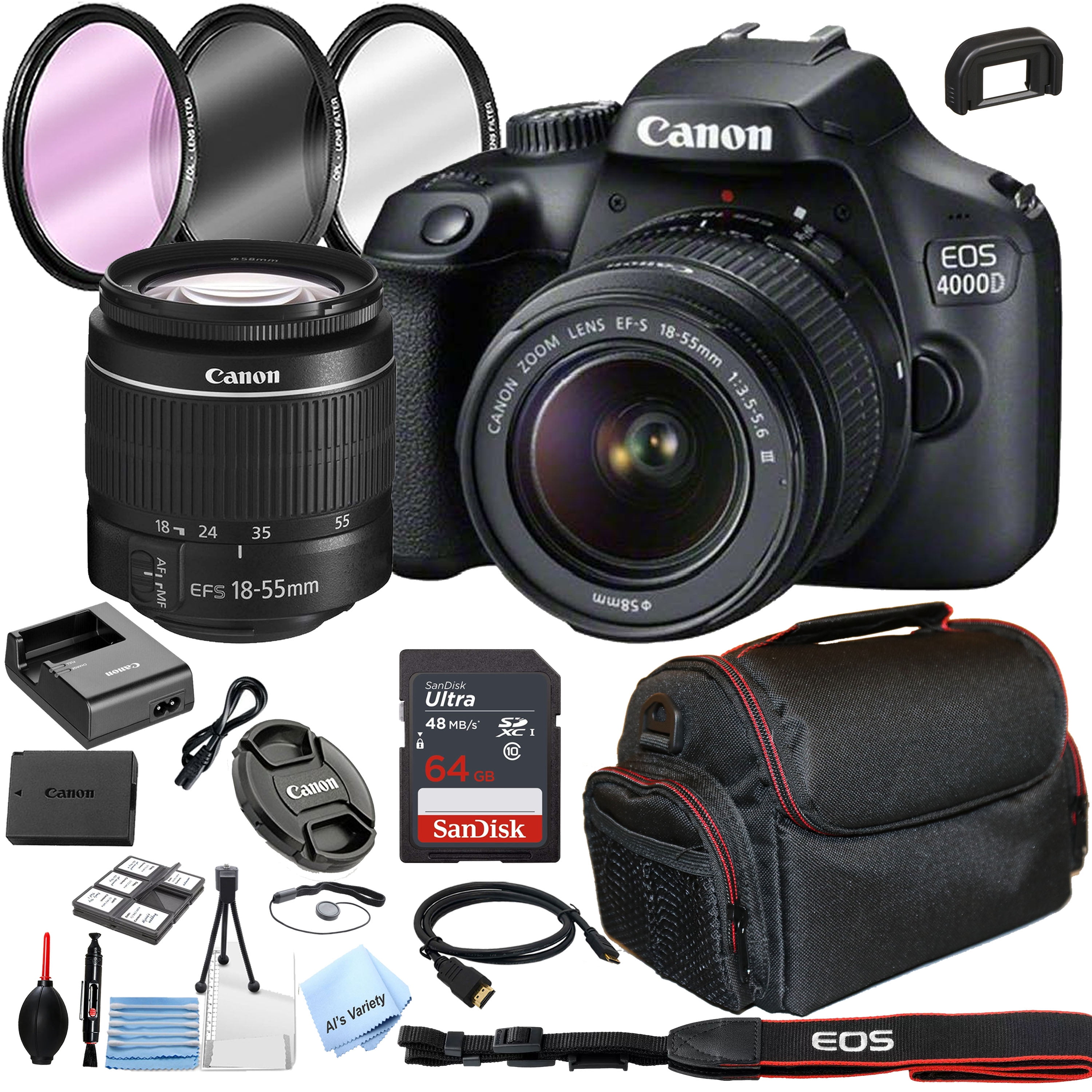 Canon EOS 4000D Rebel T100 DSLR Camera with 18-55mm + Optics Filter Set, Camera Bag + Sandisk Ultra 64GB Card + Al's Variety Cleaning Kit, And - Walmart.com