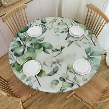 

Eucalyptus Leaves Round Tablecloth Fitted Table Cover with Elastic Teal Botanical Table Cloth Outdoor Indoor Dinning Party Waterproof Tablecloths