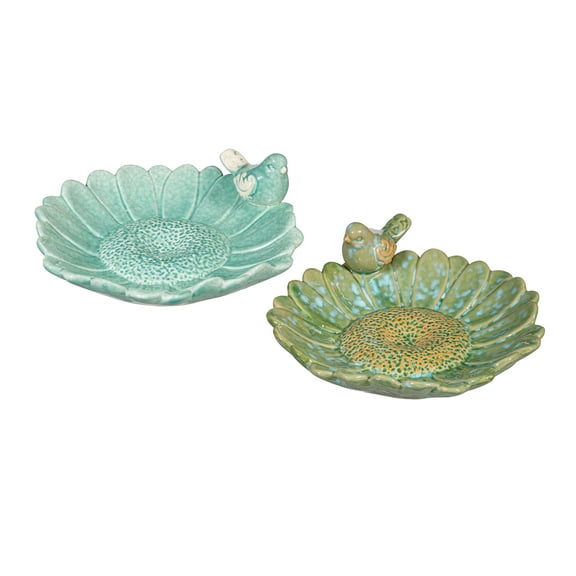 Ceramic Teal & Green Flower Bird Feeder With Bird