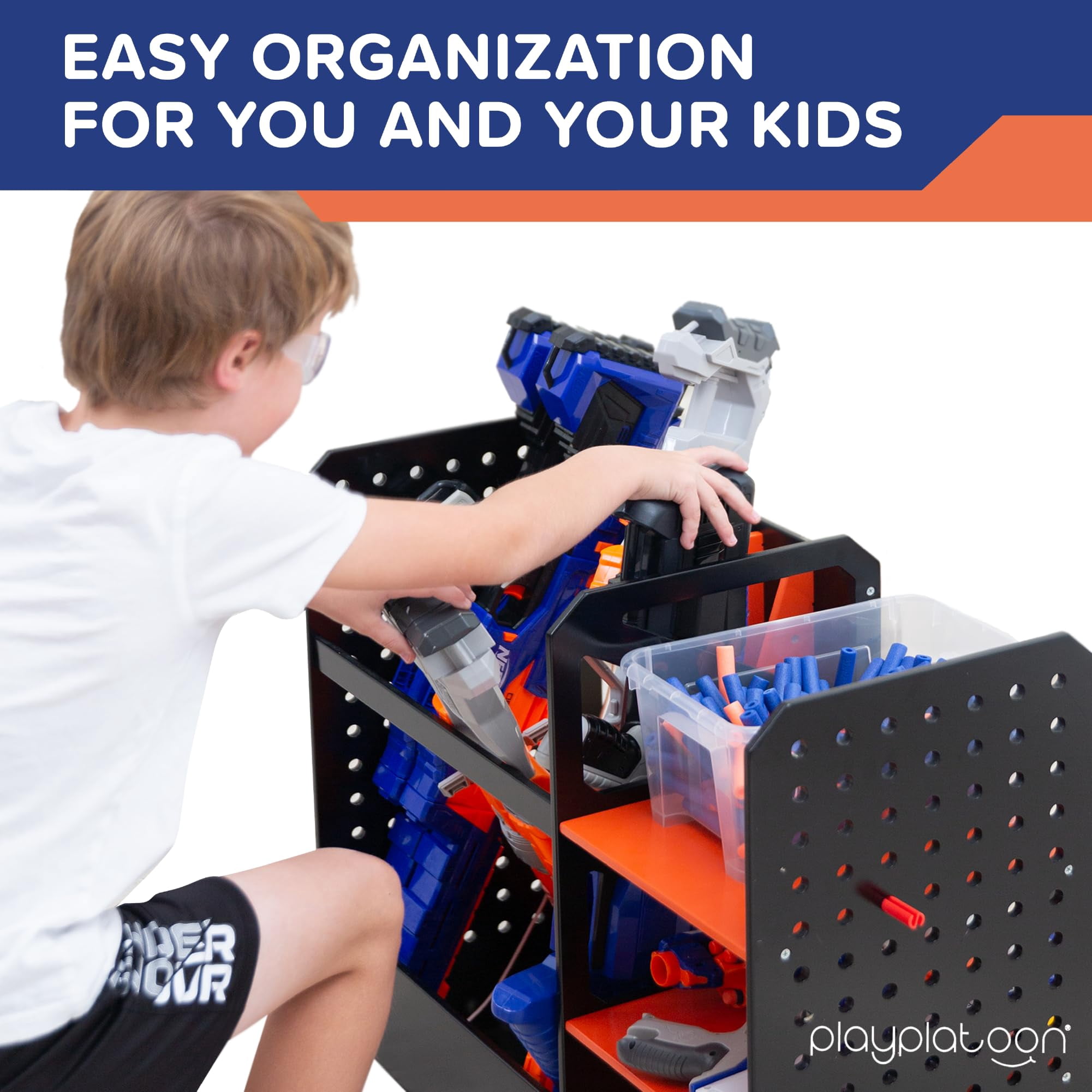 Play Platoon Storage Rack for Nerf Gun Storage & Nerf Accessories, Sturdy Wood Construction, Dart Holder & 6 Toy Gun Holder for Wall with Pegboard Wall Organizer - Includes 20 Pegs