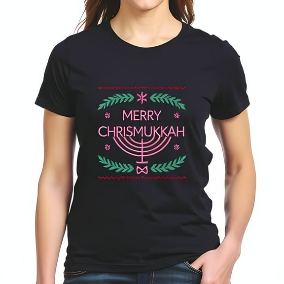 Merry Chrismukkah Cotton Short Sleeve T-Shirt - Festive Design with Menorah & Snowflakes