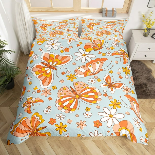 YST Girls Butterfly Duvet Cover King Groovy Florals Bedding Set for Kids Teens Hippie Boho Flowers Comforter Cover with Zipper Closure Cute Wild