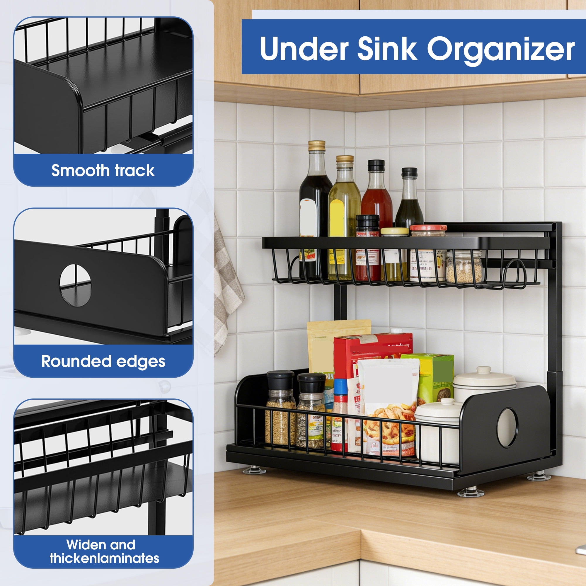 2 Pack Under Sink Organizer, 2 Tier Metal Pull Out Under Sink Storage, Cabinet Storage Organizer, Slide Out Under Sink Organizer for Kitchen Bathroom Cabinet