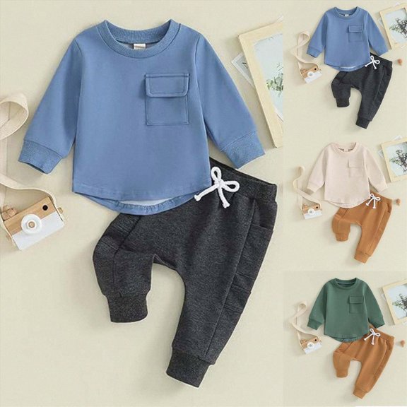baby-boys Shirt and Pant Set, Long Sleeve Top & Bottom Outfit Bundle, Organic Cotton 6-12 Months 12-24 Months 2T 3T 4T 5T 6T 7T 8T 9T Children(Blue,3-4 Years)