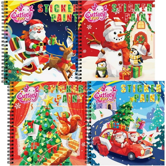4PCS Christmas Paint by Number Sticker Travel Activities Essentials for Girls Kids Boys Ages 4-10 Road Trip & Airplane Toys & Long Car Rides, Birthday Present, Preschool Classroom Party Gifts