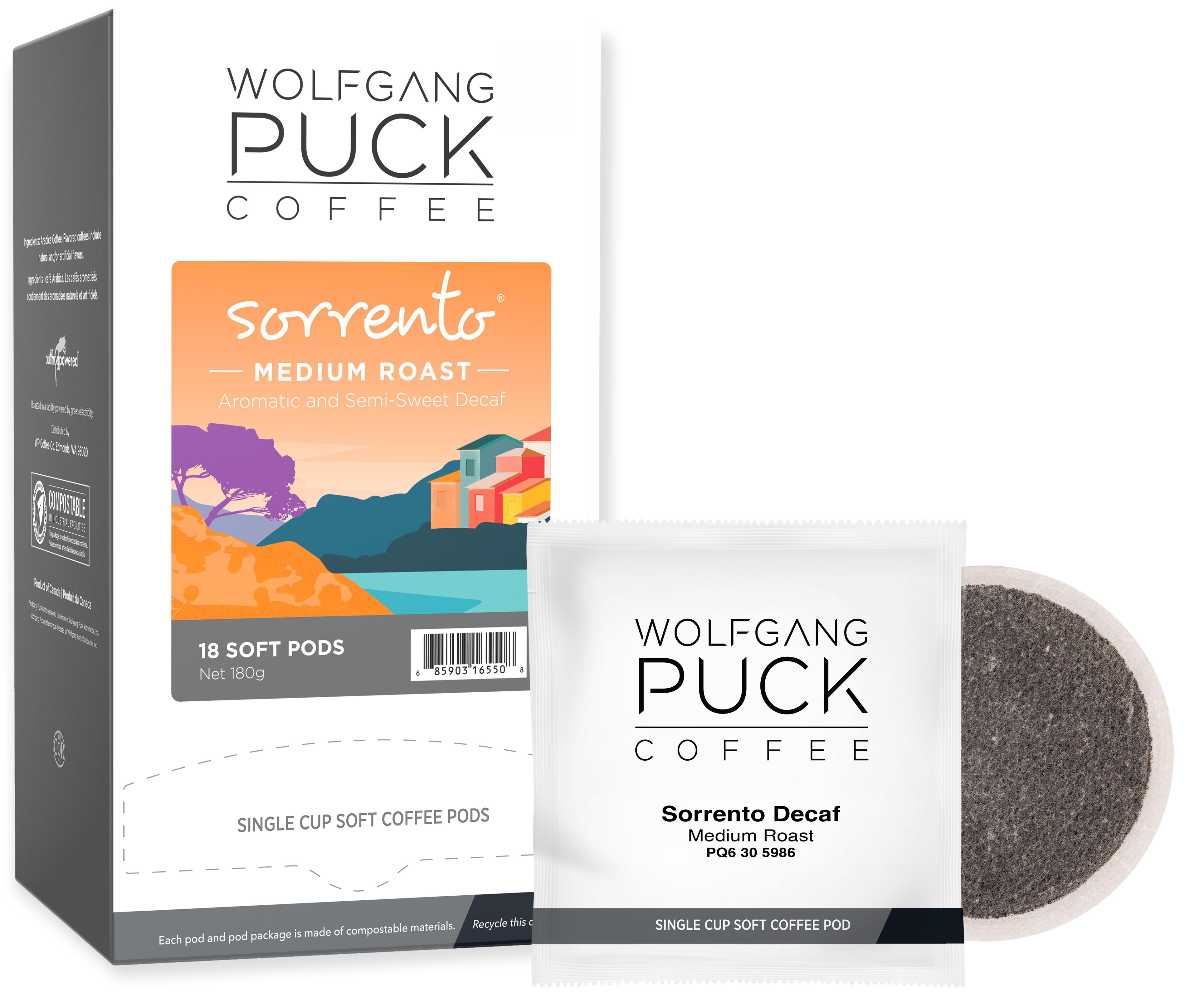 Wolfgang Puck Coffee Soft Pods, Sorrento Decaf, Medium Roast, 18 count (pack of 6)