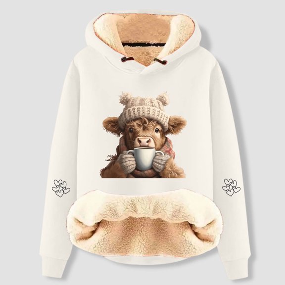 Womens Christmas Sweatshirt Cute Cow Print Lined Tops Casual Fashion Long Sleeve Pullover Hoody for Winter Warmth Hoodies for Women Beige L