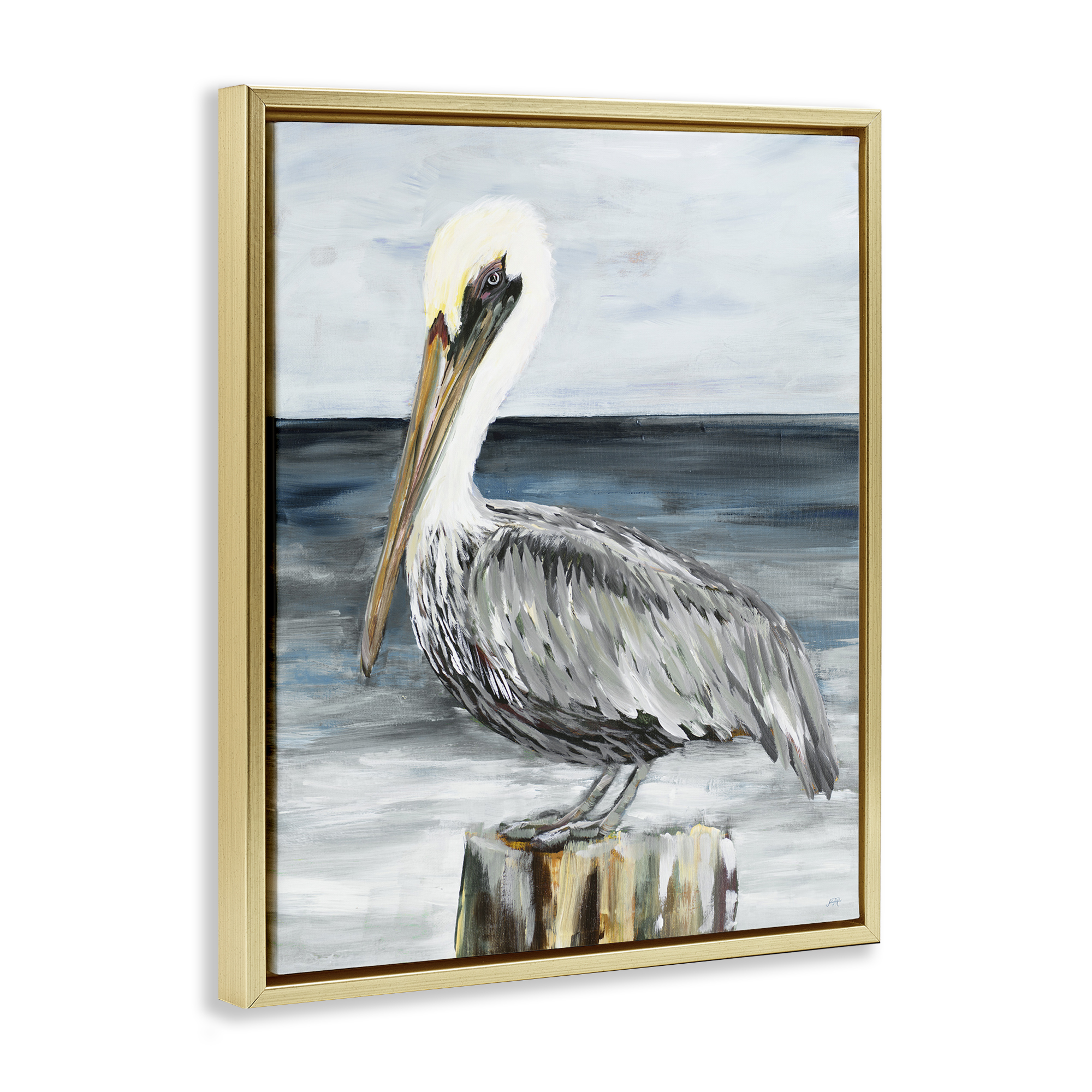Stupell Industries Peaceful Beach Pelican Animals & Insects Painting Gold Floater Framed Canvas Art Print Wall Art, 25 x 31