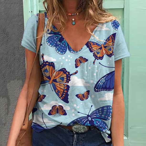 Puntoco Moda Mujer Causal Cuello en V Blusa Estampada Camiseta de Manga Corta Tops de Verano Puntoco Puntoco-2436