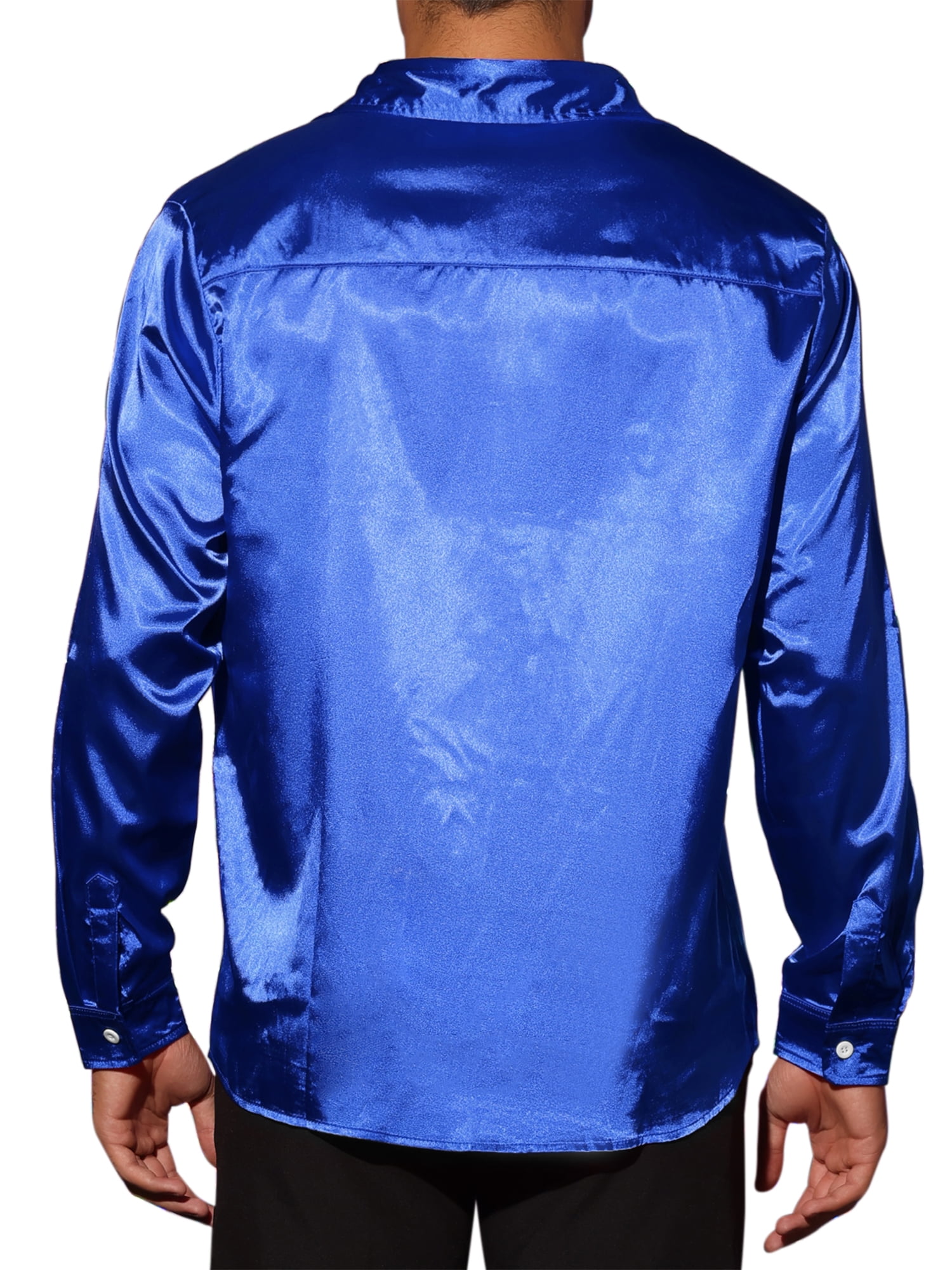 Unique Bargains Men's Satin V Neck Long Sleeves Button Down Prom Shirts XL Blue