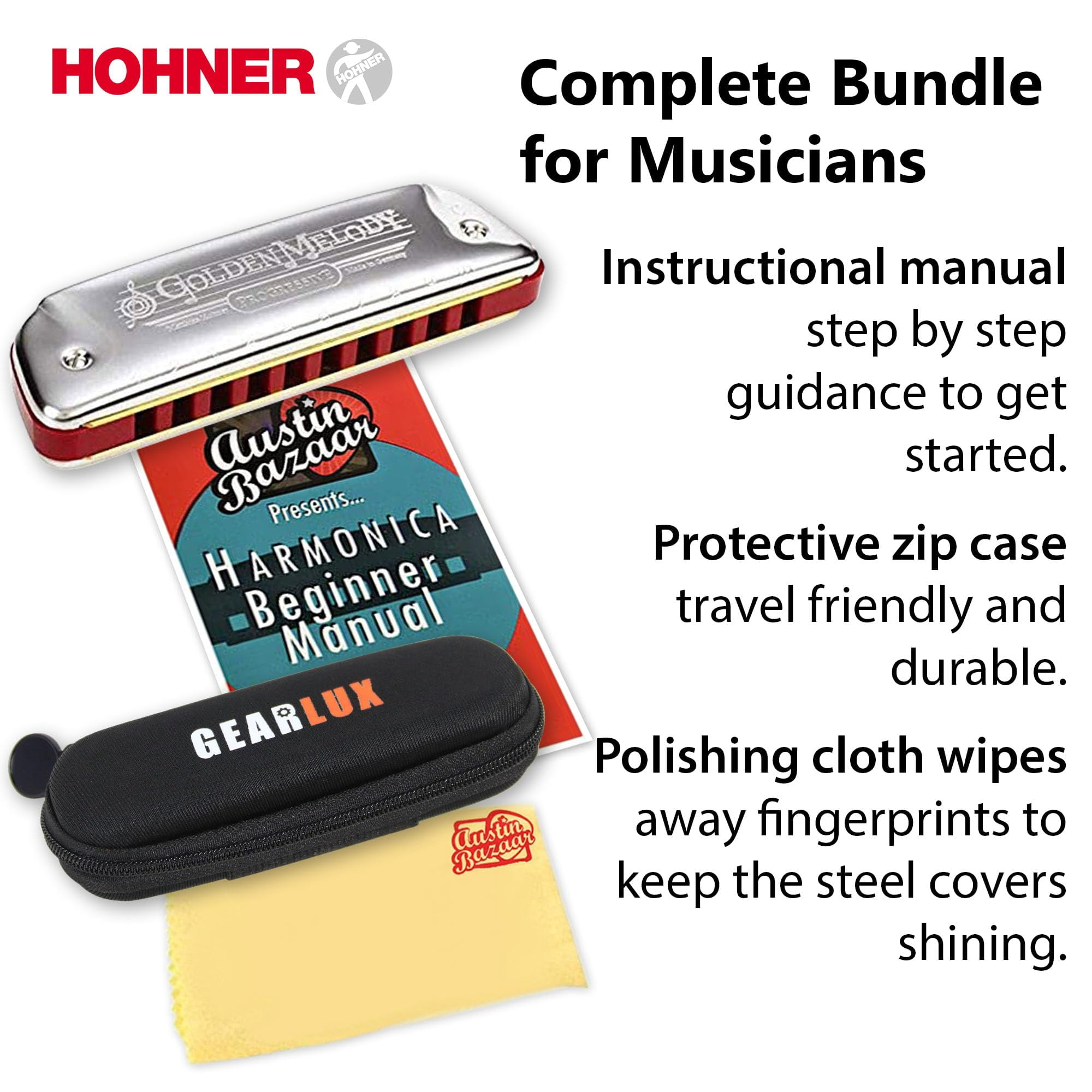 Hohner 544 Golden Melody Harmonica - Key of C w/ Instructional Manual