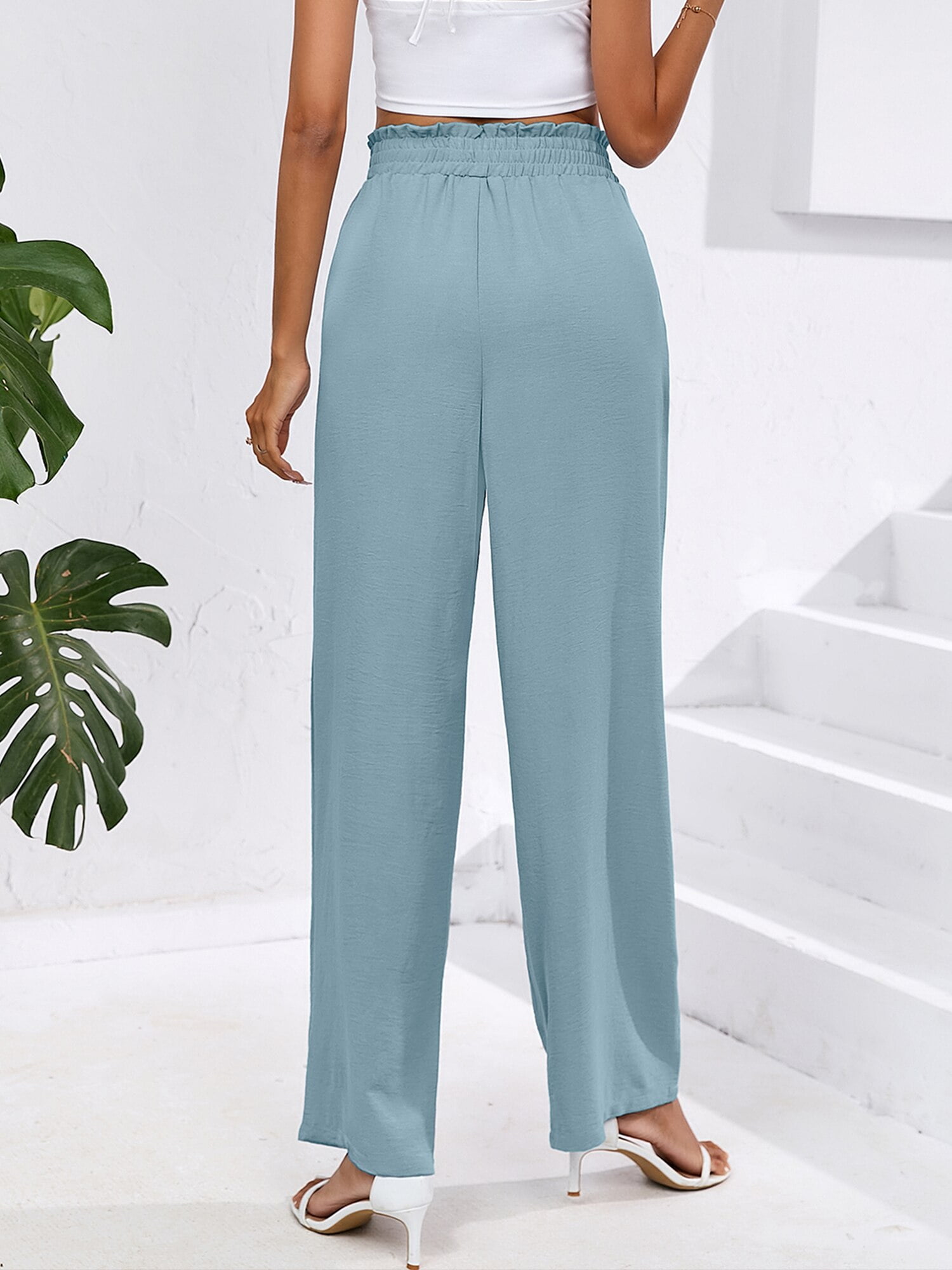 RYRJJ Women's Fashion Wide Leg Lounge Pants with Pockets Lightweight High  Waisted Adjustable Tie Knot Loose Business Work Trousers(Sky Blue,XL) -  Walmart.com