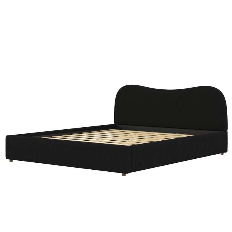 King Size Boucle Upholstered Platform Bed with Wooden Slats, Short Legs Low-Profile Bed Frame with Curved Headboard