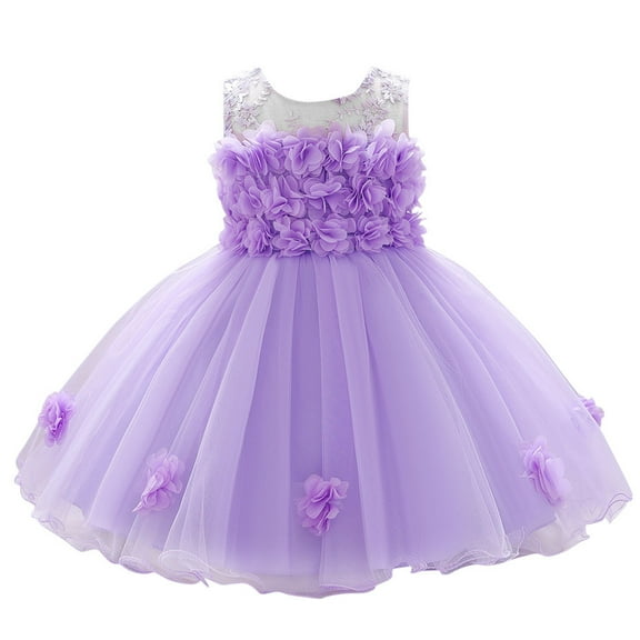 Wuxian Girls Princess Bridesmaid Pageant Gown Dresses Floral Lace Sleeveless Bow Belt Solid Color Stylish Birthday Party Wedding Maxi Dress,Purple,0-6 Months