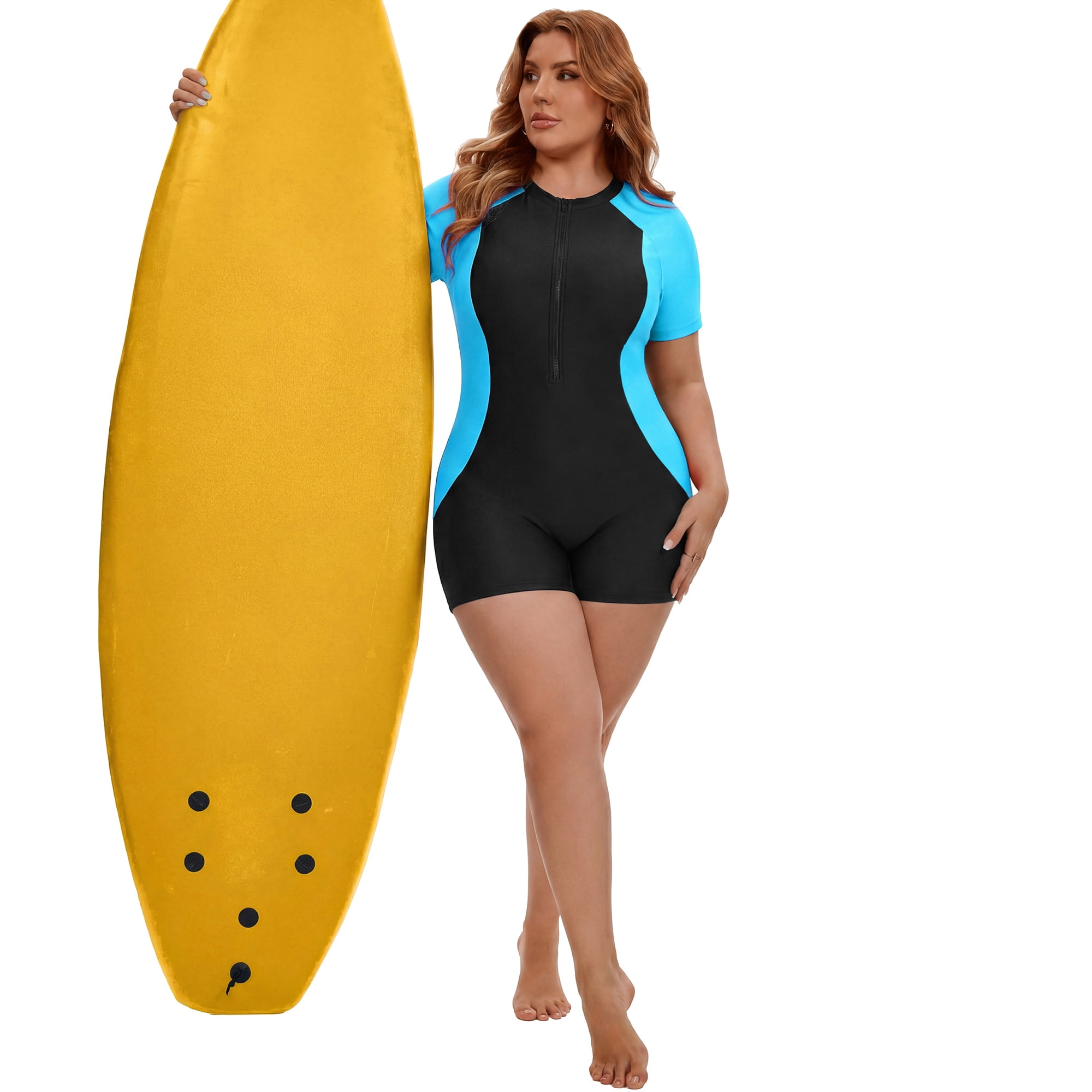 DARING DIVA Women's Plus 1 Piece Zip Front Short Sleeve Swimsuit 4X Black Blue