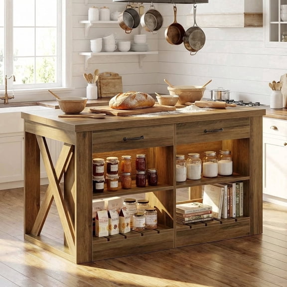 Fnova 55" Kitchen Island with Storage and Leg Room, Farmhouse Stationary Island Table with 2 Drawers & Open Shelves, Brown
